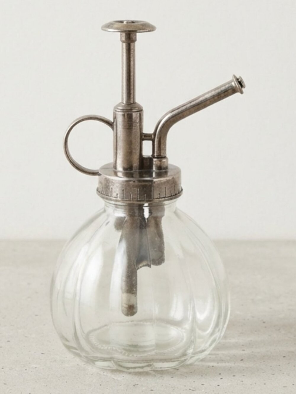 Vintage Style Clear Ribbed Glass Plant Mister Metal Pump Atomizer Sprayer 6"